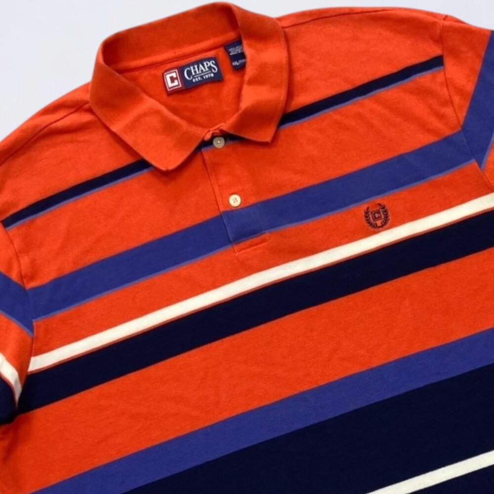 Chaps Rugby Shirt Men's‎ 2XL Orange Striped Short Sleeve Polo Cotton Preppy
